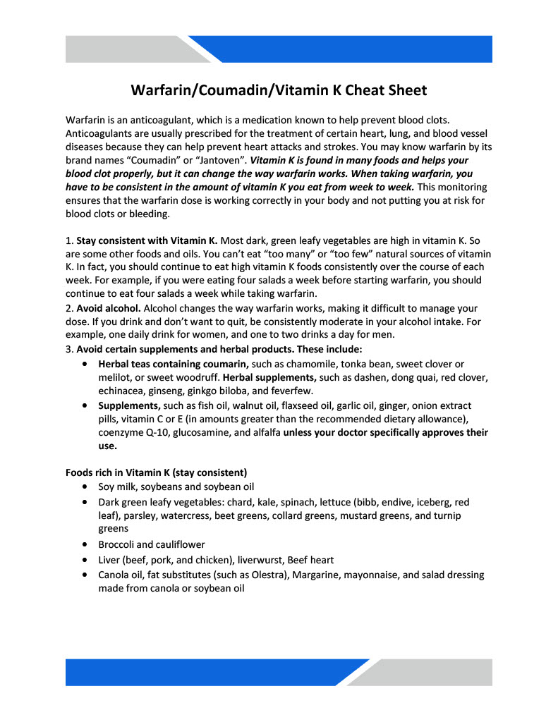 Warfarin/Coumadin/Vitamin K Cheat Sheet